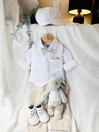 Boys white and beige linen set with vest, shirt, pants, suspenders and bowtie