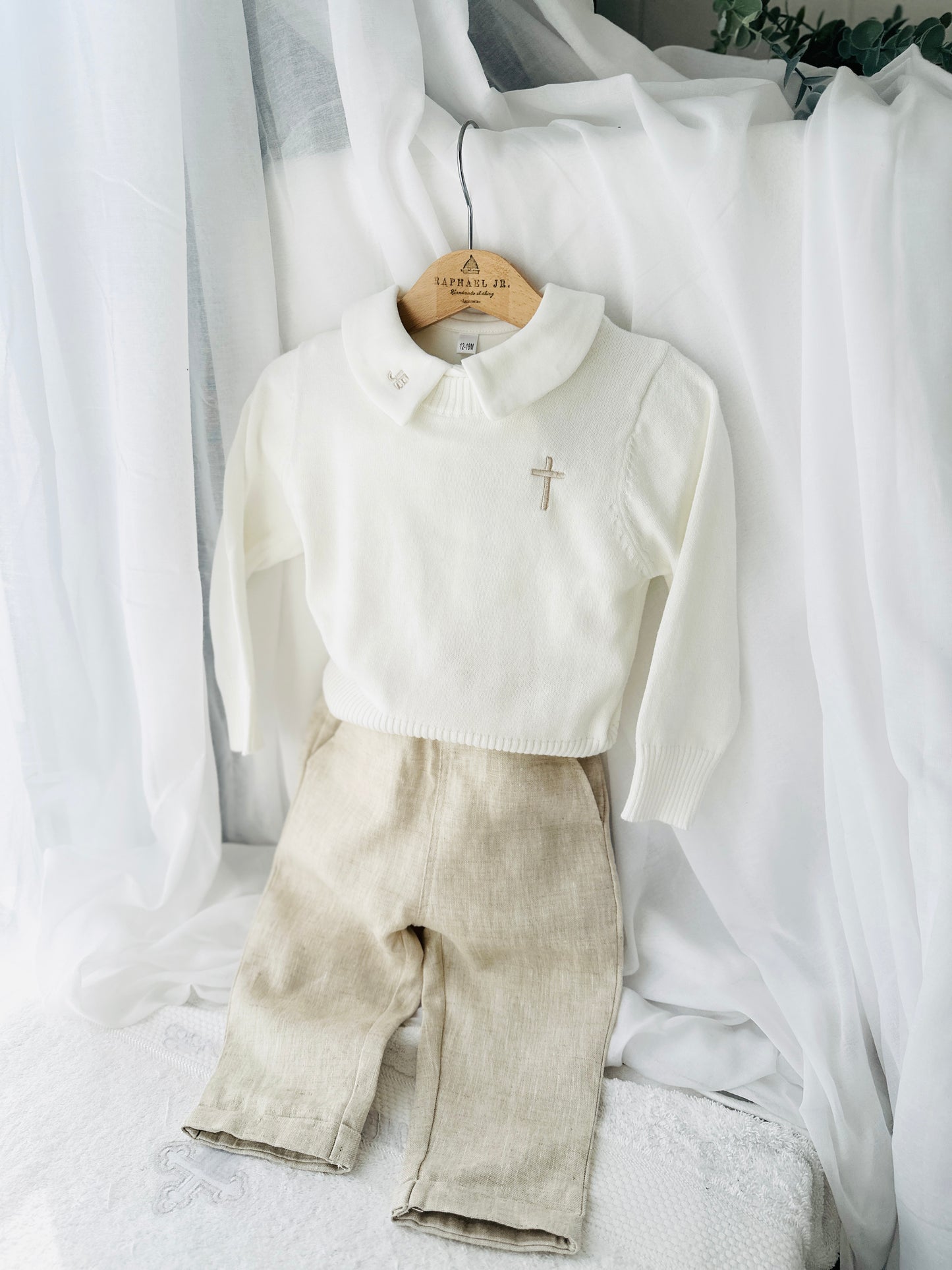 Baptism outfit with cotton onesie and jumper and linen pants