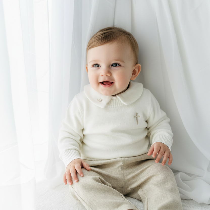 Baptism outfit with cotton onesie and jumper and linen pants
