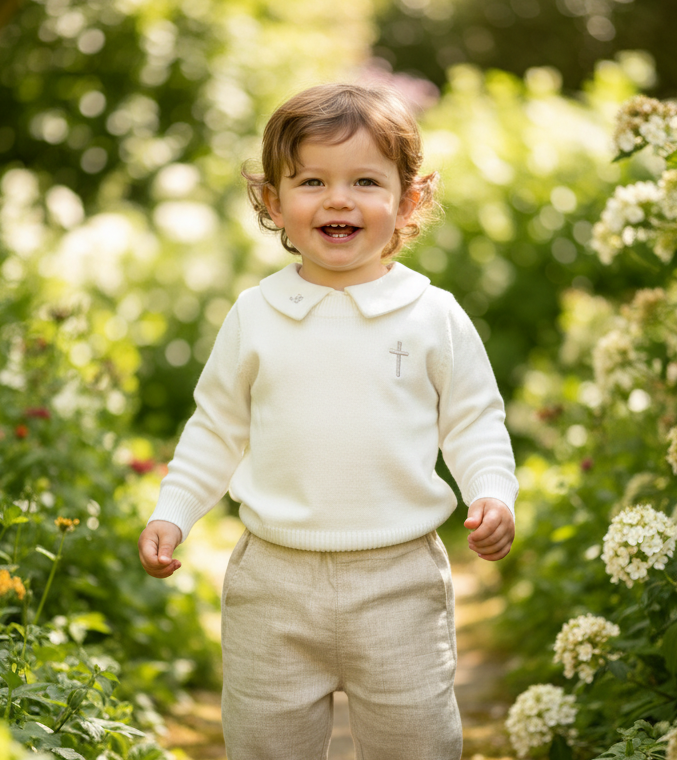Baptism outfit with cotton onesie and jumper and linen pants