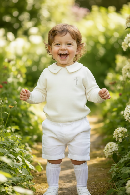 Baptism outfit with cotton onesie and jumper and linen bloomers