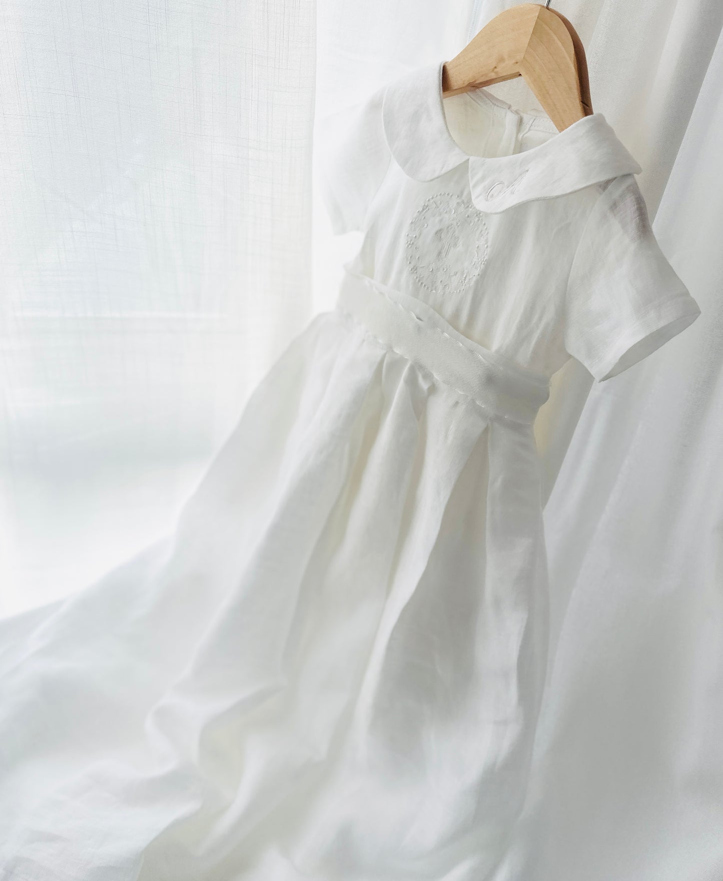 White Linen Baptism dress with detachable long skirt gown