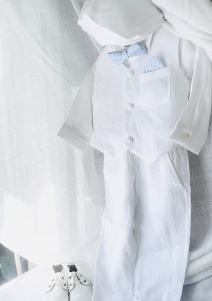 Baby and Toddler Boys white linen outfit with vest, shirt, pants, suspenders and bowtie plus optional blue blazer
