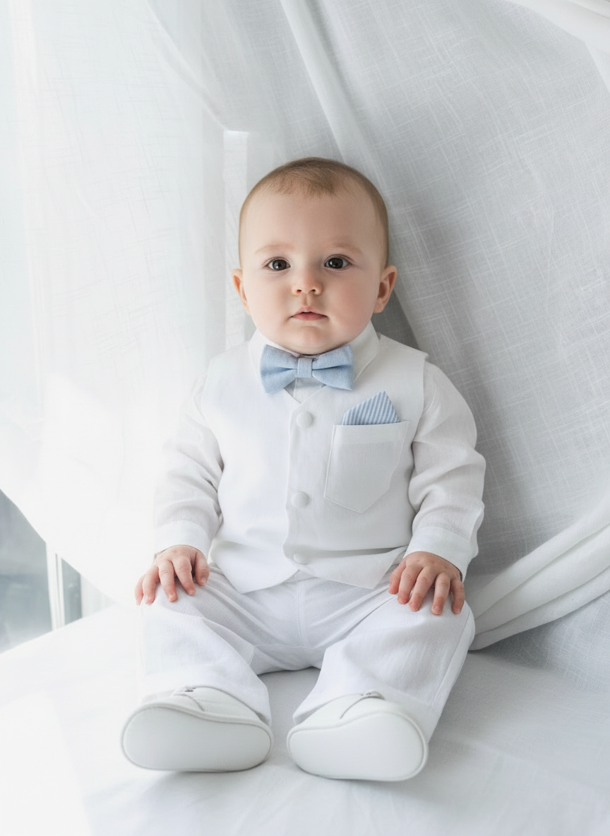 Baby and Toddler Boys white linen outfit with vest, shirt, pants, suspenders and bowtie plus optional blue blazer