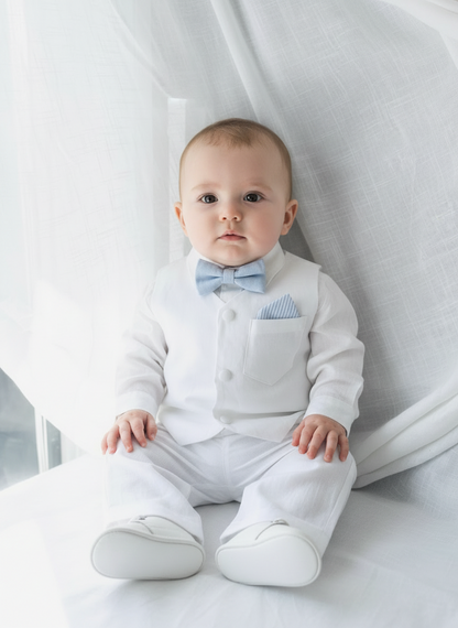 Baby and Toddler Boys white linen outfit with vest, shirt, pants, suspenders and bowtie plus optional blue blazer
