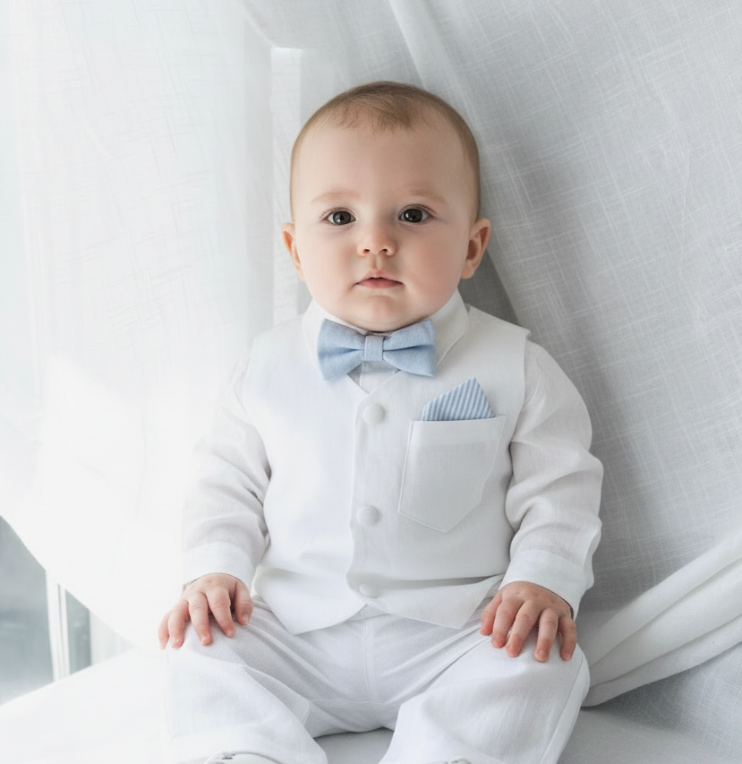 Baby and Toddler Boys white linen outfit with vest, shirt, pants, suspenders and bowtie plus optional blue blazer