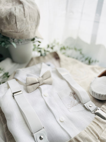 Beige linen baby and toddler boys formal baptism or wedding suit with accessories and optional personalisation