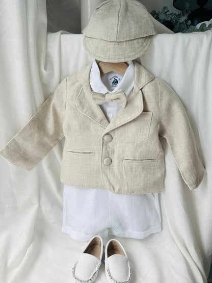 Boys white and beige linen Baptism and Wedding Outfit with vest, shirt, shorts, suspenders and bow tie