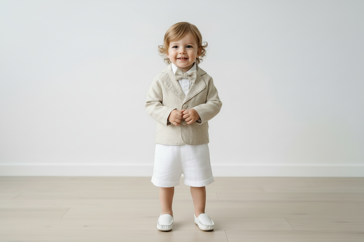 White and beige Summer linen outfit with suspender shorts, shirt, and bow tie plus optional jacket and embroidery