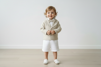 White and beige Summer linen outfit with suspender shorts, shirt, and bow tie plus optional jacket and embroidery