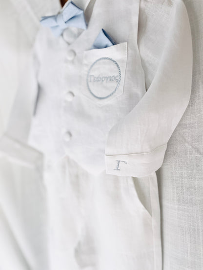 Baby and Toddler Boys white linen outfit with vest, shirt, pants, suspenders and bowtie plus optional blue blazer