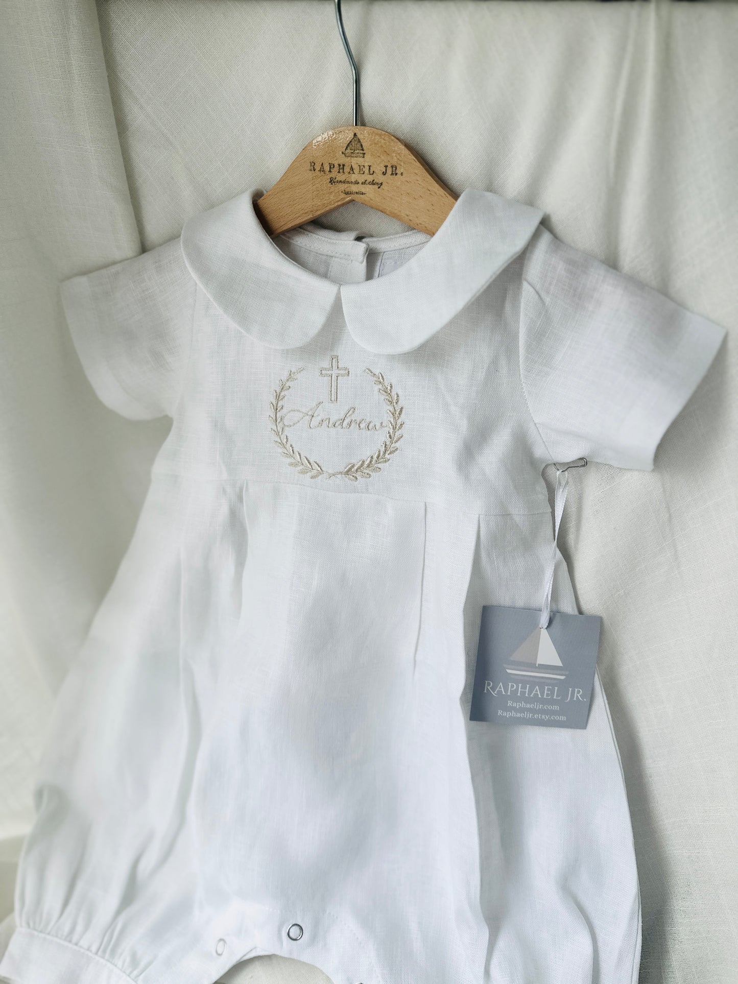 Linen Baptism 3/4 length jumpsuit with optional cardigan and embroidery