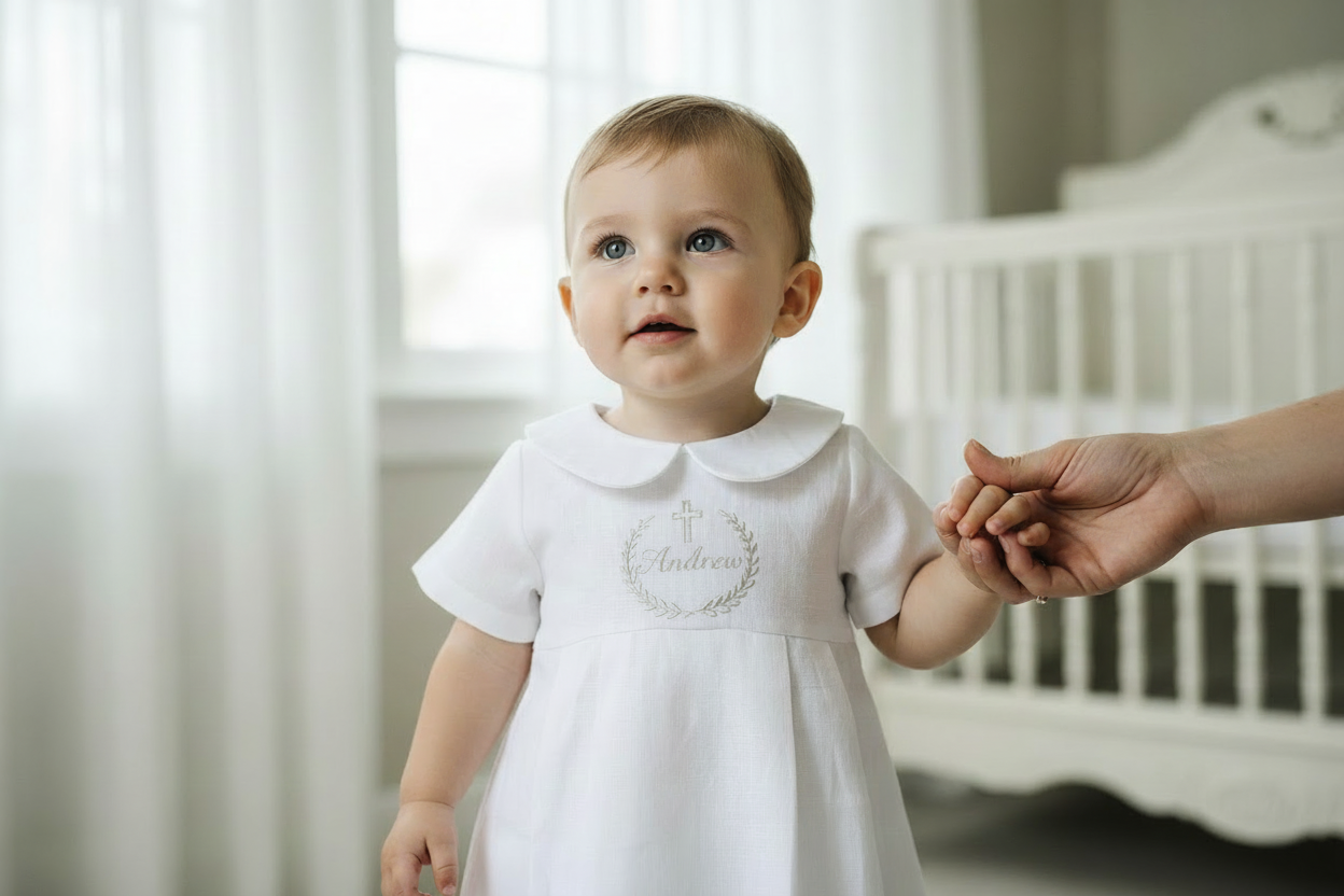 Linen Baptism 3/4 length jumpsuit with optional cardigan and embroidery