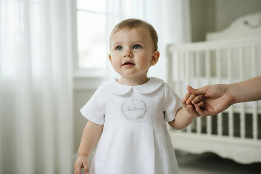 Linen Baptism 3/4 length jumpsuit with optional cardigan and embroidery