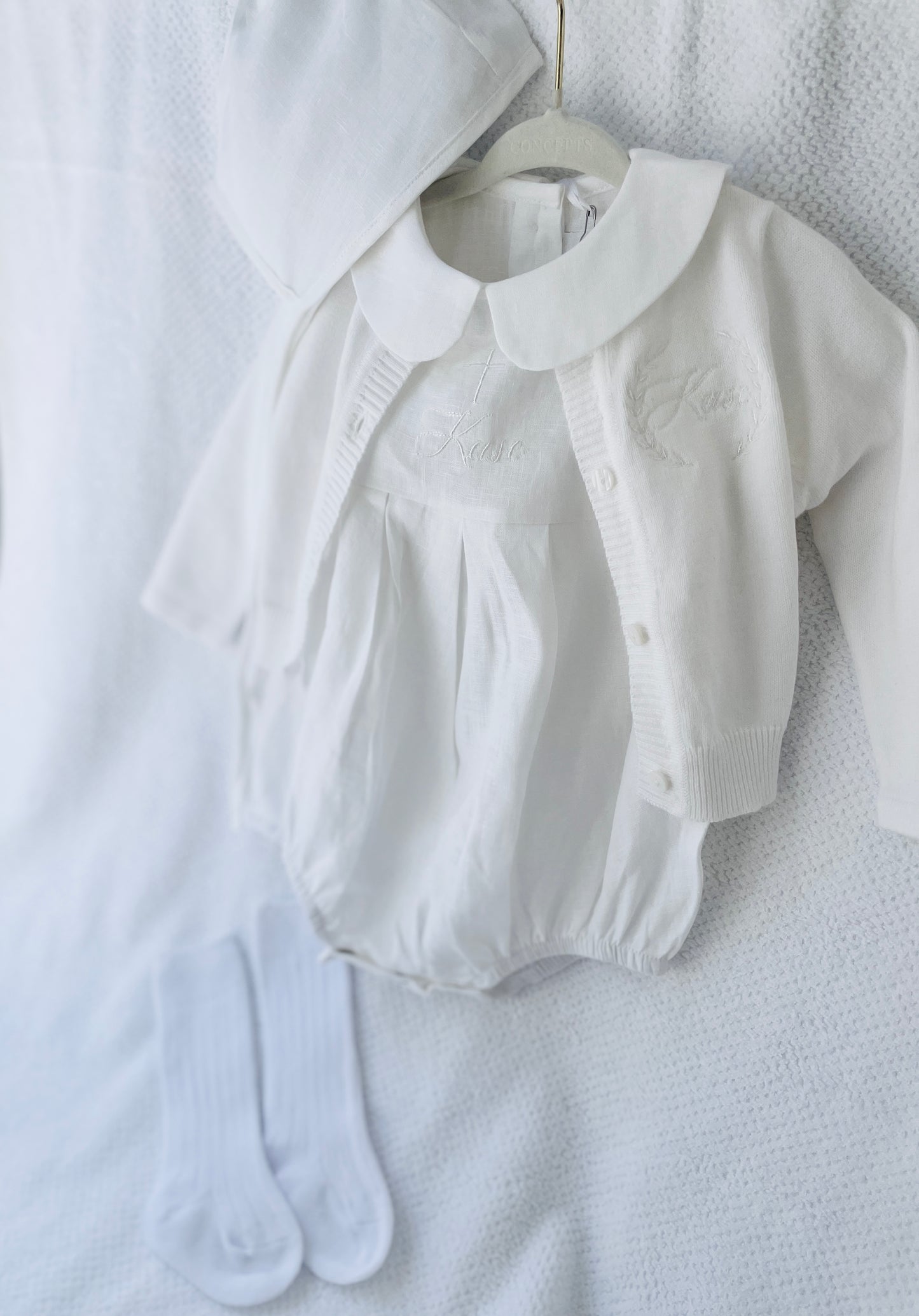 Linen Baptism peter pan collar romper outfit with optional embroidery customisation