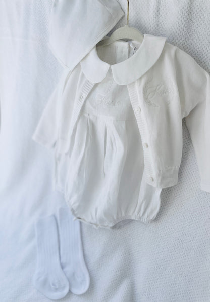 Linen Baptism peter pan collar bubble romper with optional embroidery customisation