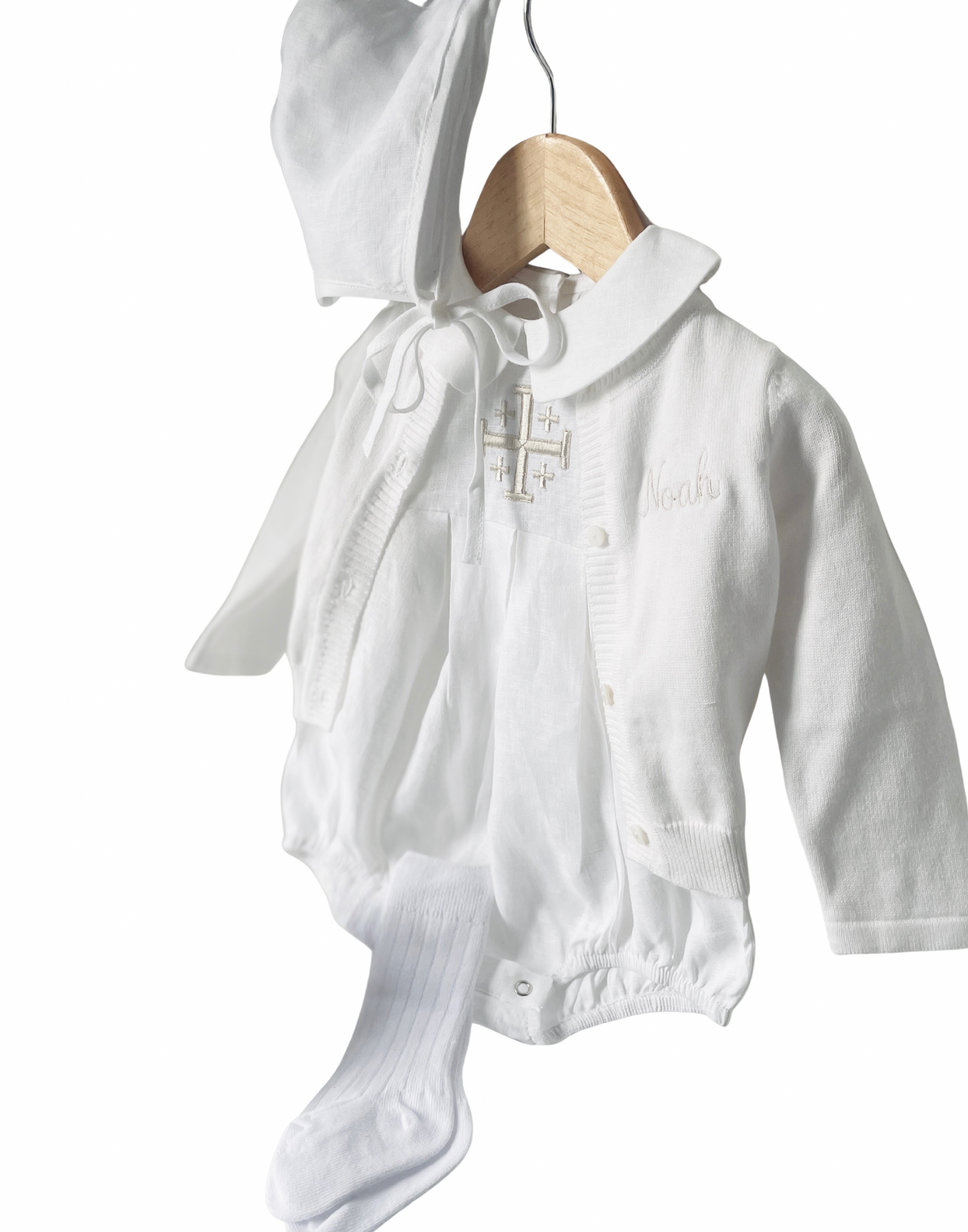 Linen Baptism peter pan collar romper outfit with optional embroidery customisation