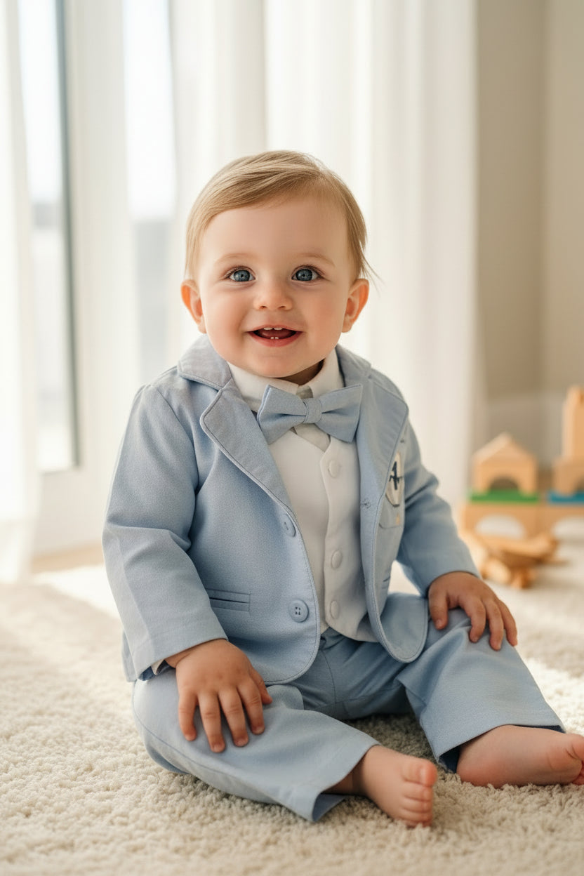Boys Light blue suit with blue vest, bow tie optional jacket, plus white linen shirt and suspender pants