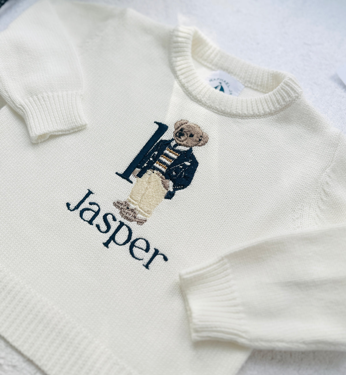 Polo Bear first birthday set with linen shirt, shorts and bear jumper