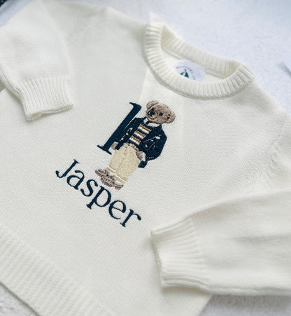 Polo Bear first birthday set with linen shirt, shorts and bear jumper
