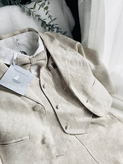 White and Beige Linen set with vest, shirt, pants, suspenders and bowtie plus optional jacket, cap and shoes
