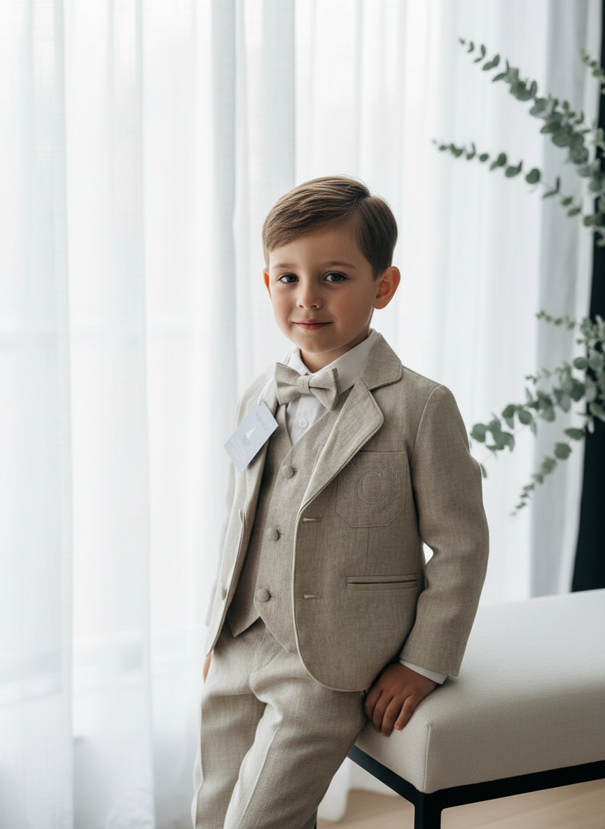 Beige Linen Outfit with vest, shirt, pants, suspenders and bowtie plus optional jacket, cap and shoes