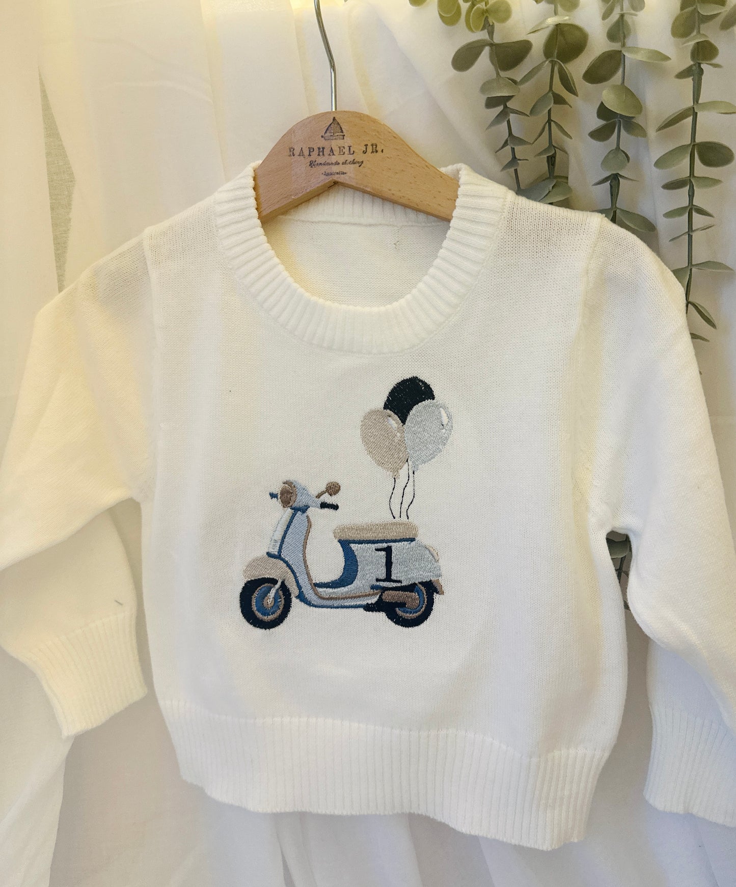 Warm white cotton sweater with optional first birthday embroidery