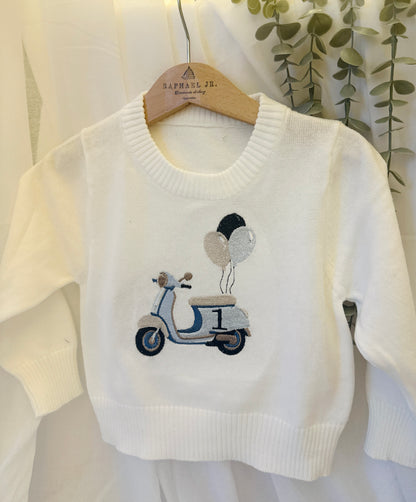 Warm white cotton sweater with optional first birthday embroidery