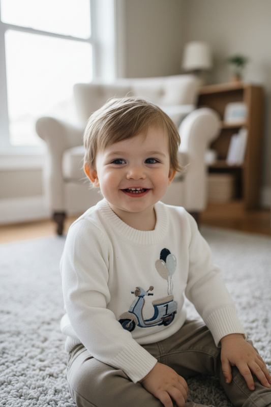 Warm white cotton sweater with optional first birthday embroidery
