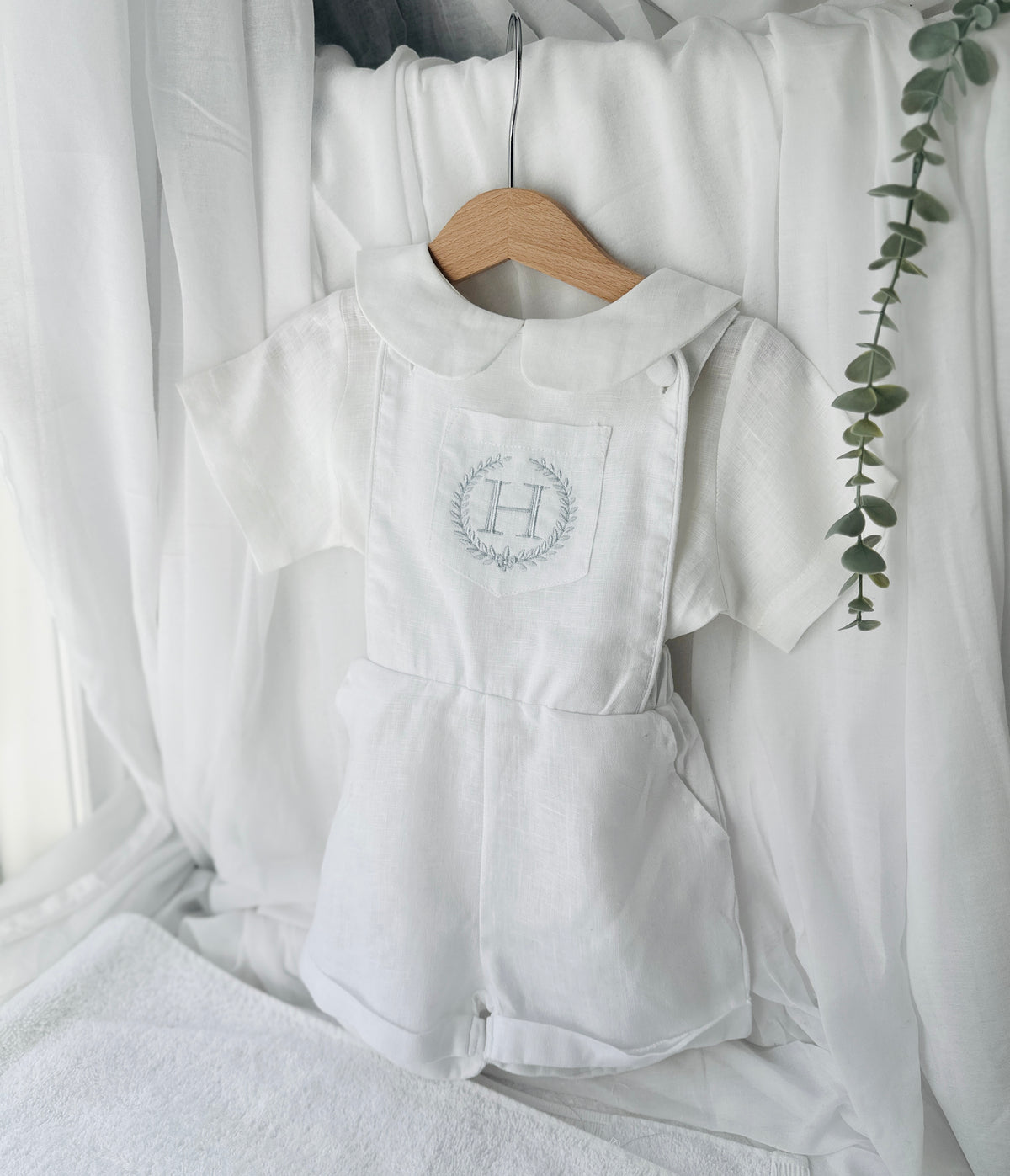Boys white pure linen overalls suspender shorts with optional shirt and embroidery