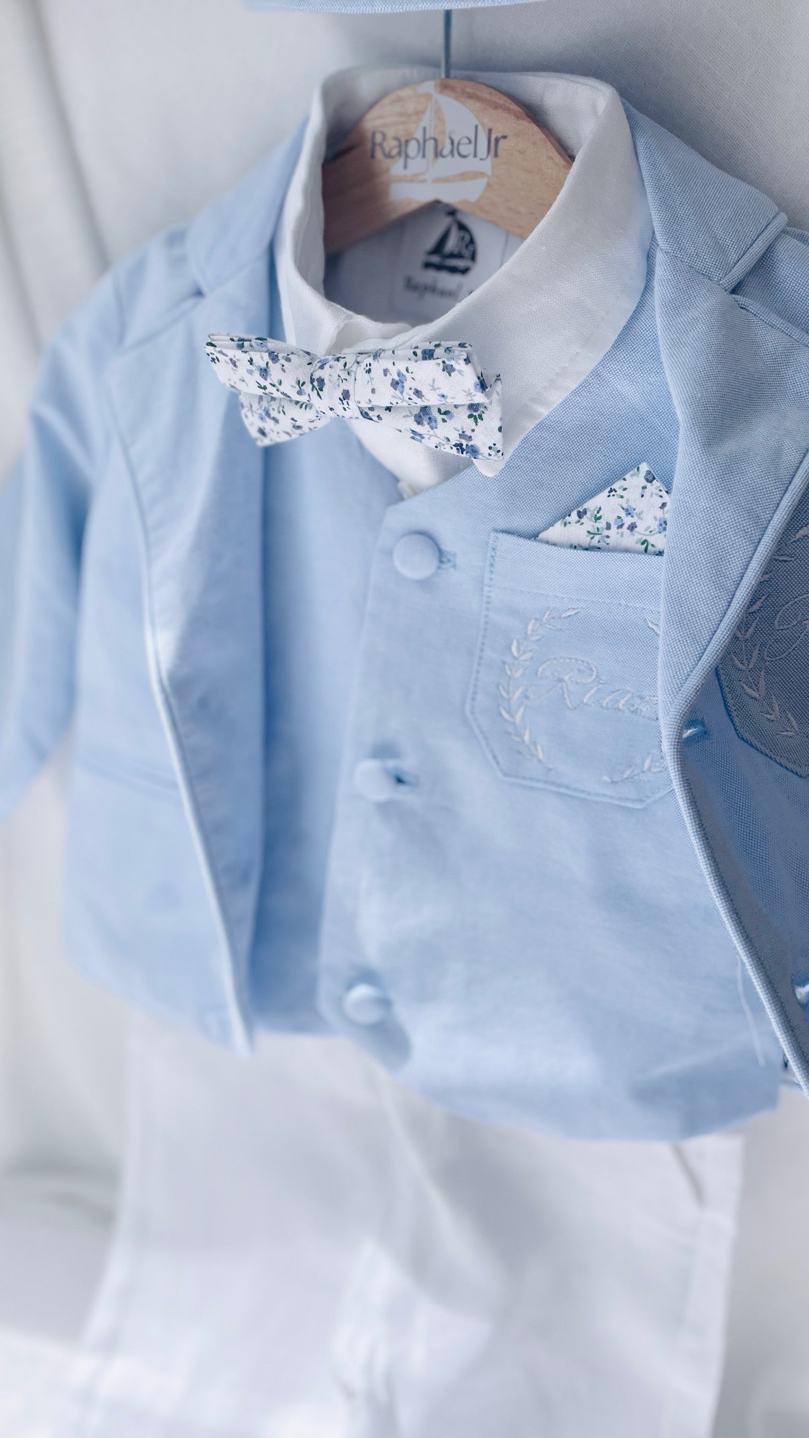 Boys pale blue and white Baptism outfit with blue vest, white linen suspender pants and shirt