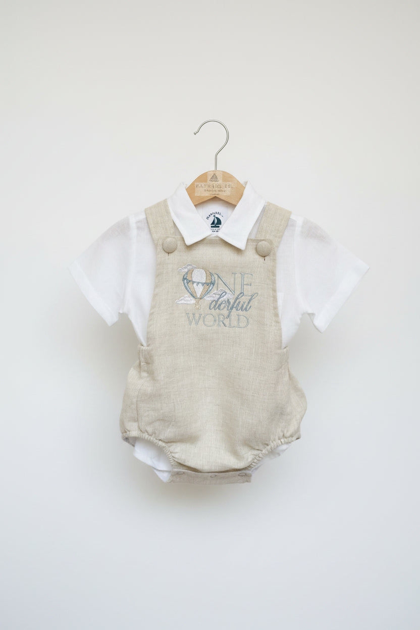 Beige linen baptism and birthday romper and shirt set