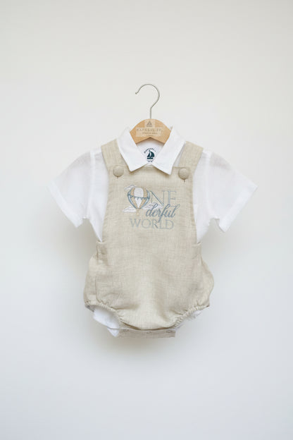 Beige linen baptism and birthday romper and shirt set