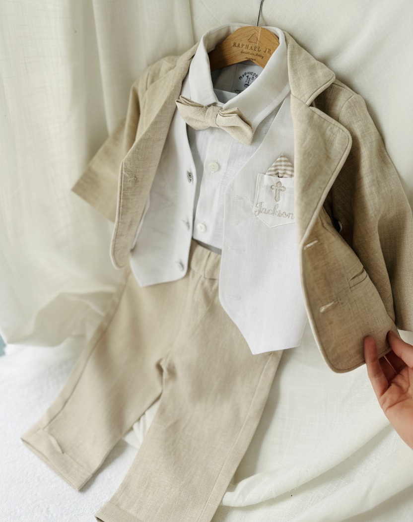 Boys white and beige linen set with vest, shirt, pants, suspenders and bowtie