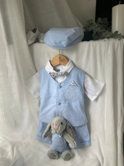 Pale blue summer vest set with blue vest, suspender shorts white shirt and bowtie