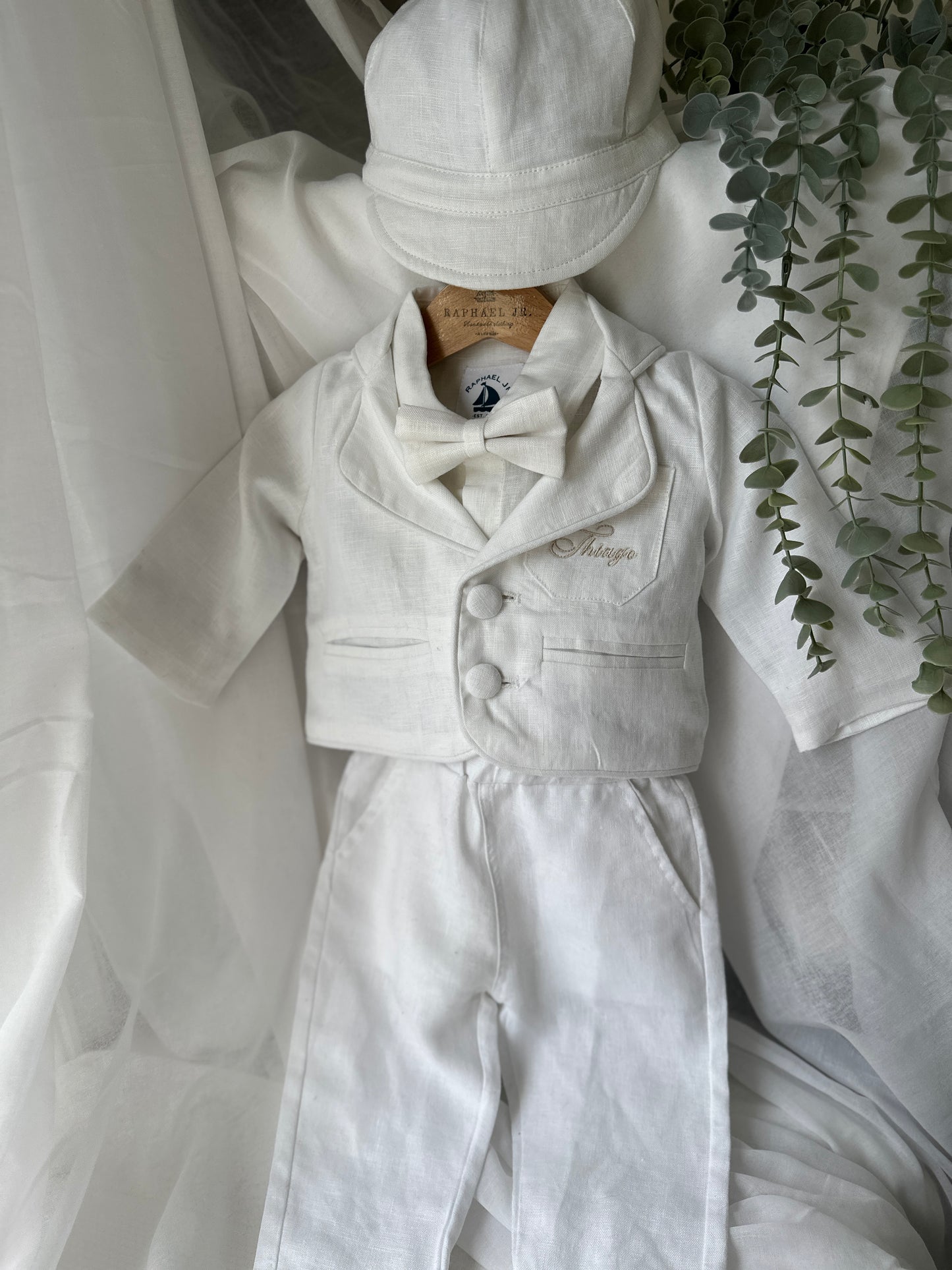 Boys white linen full 5 piece suit with vest, jacket, shirt, pants, suspenders and bow tie plus extras