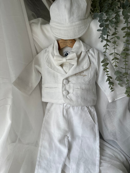 Boys white linen full 5 piece suit with vest, jacket, shirt, pants, suspenders and bow tie plus extras