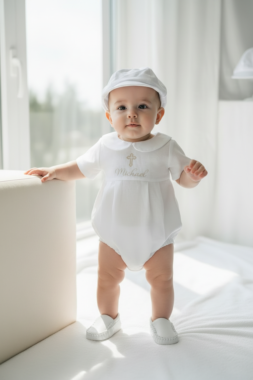 Linen Baptism peter pan collar bubble romper with optional embroidery customisation