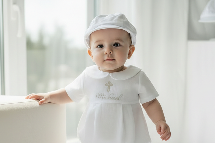 Linen Baptism 3/4 length jumpsuit with optional cardigan and embroidery
