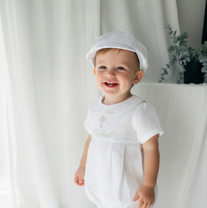 Linen Baptism 3/4 length jumpsuit romper with optional cardigan and embroidery