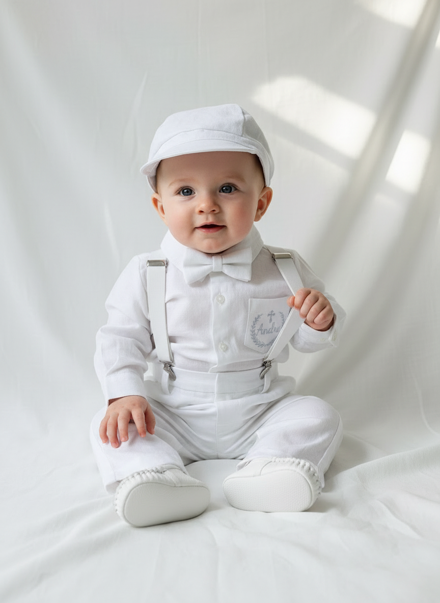 White linen Baptism suit set with pants, shirt, suspenders and bowtie plus optional jacket and extras