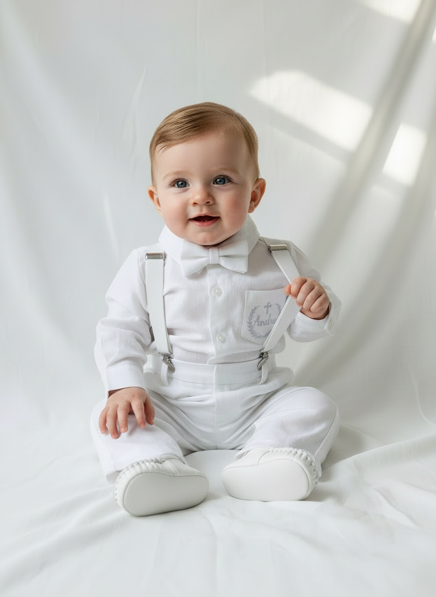 White linen Baptism suit set with pants, shirt, suspenders and bowtie plus optional jacket and extras