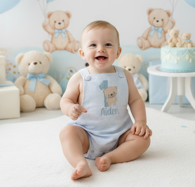 Boys Blue Seersucker teddy bear First Birthday romper