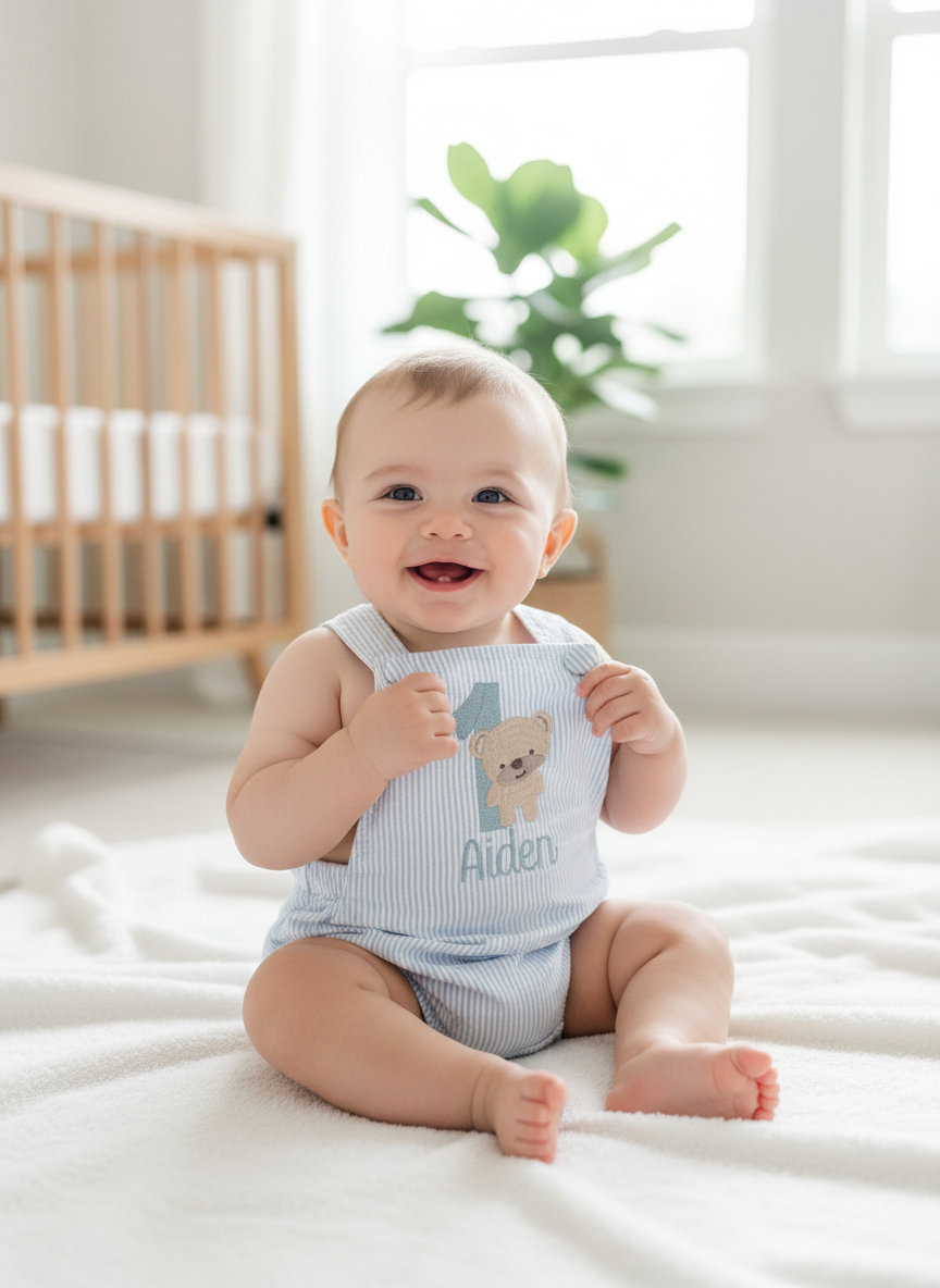 Boys Blue Seersucker teddy bear First Birthday romper