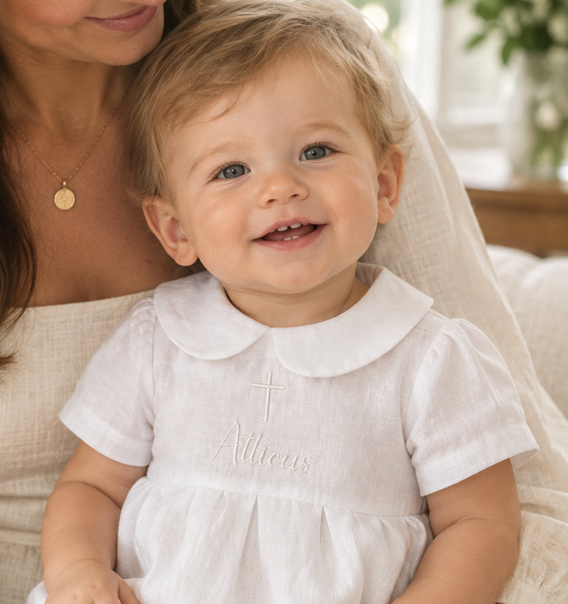Linen Baptism peter pan collar bubble romper with optional embroidery customisation
