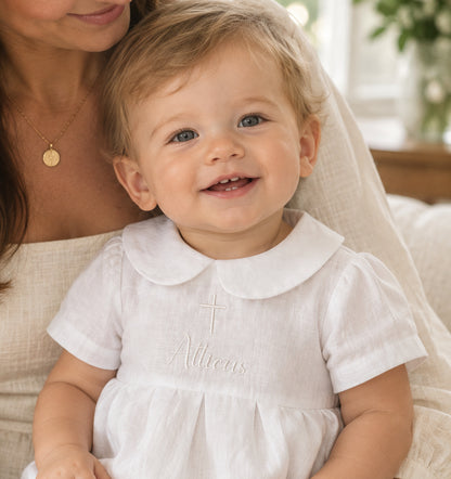 Linen Baptism peter pan collar bubble romper with optional embroidery customisation