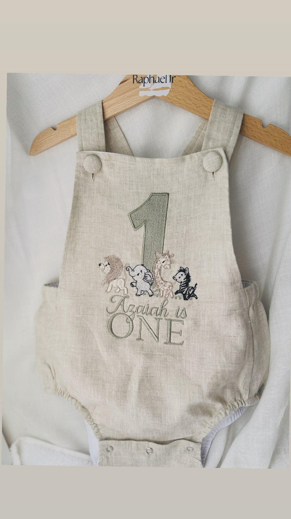 Boys Beige Linen First Birthday romper overalls wild one safari