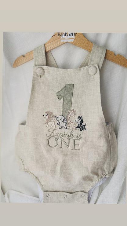 Boys Beige Linen First Birthday romper overalls wild one safari