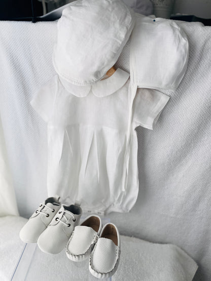 Linen Baptism peter pan collar bubble romper with optional embroidery customisation