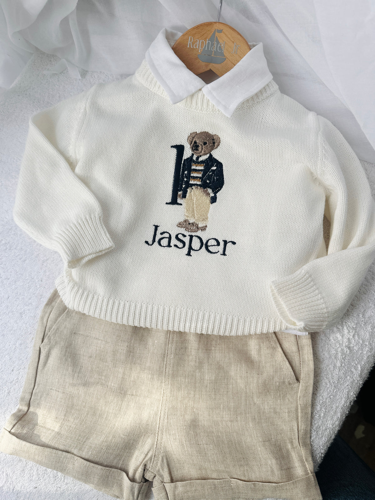 Polo Bear first birthday set with linen shirt, shorts and bear jumper